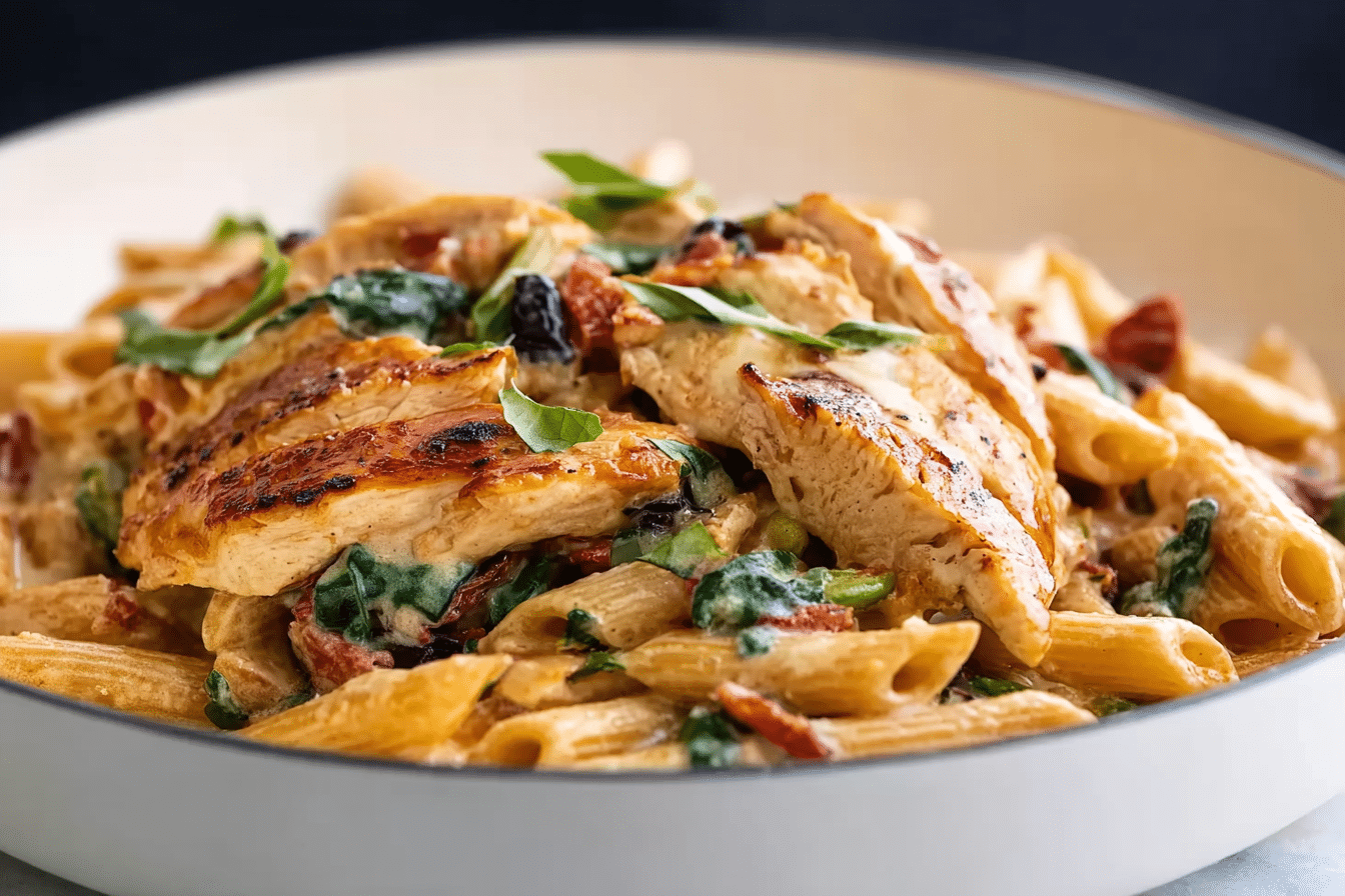 Pan-Seared Chicken with Creamy Penne and Roasted Potatoes