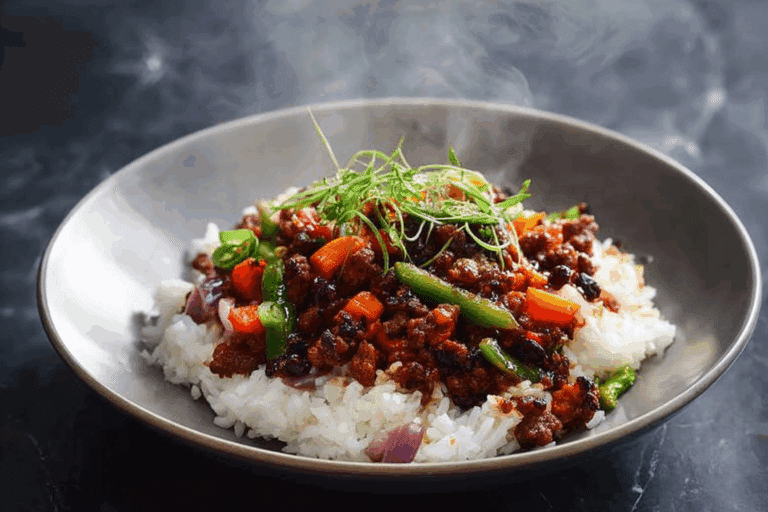 Spicy Ground Beef Stir-Fry Bowl with Garlic Veggies & Steamy Rice