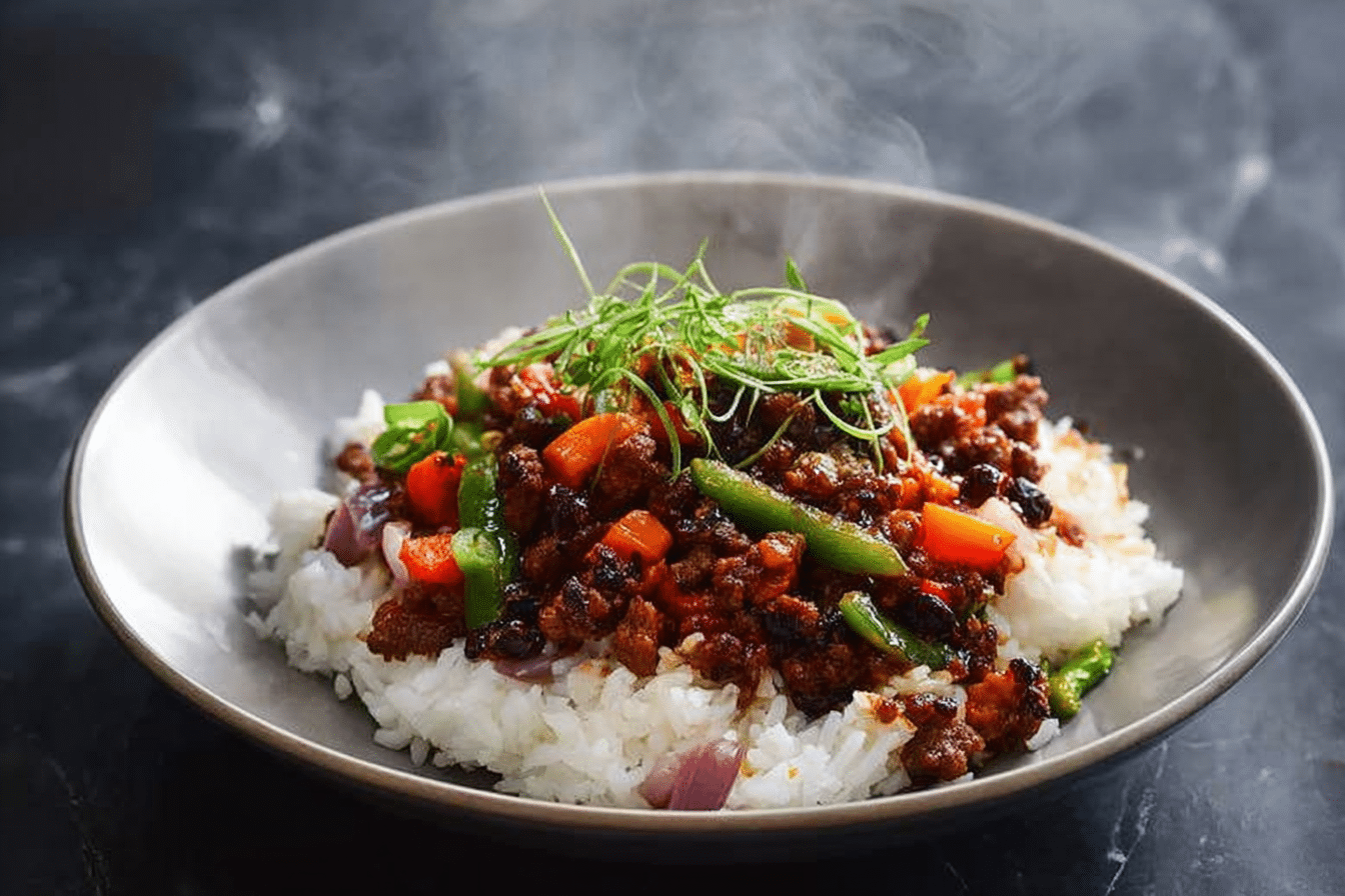 Spicy Ground Beef Stir-Fry Bowl with Garlic Veggies & Steamy Rice