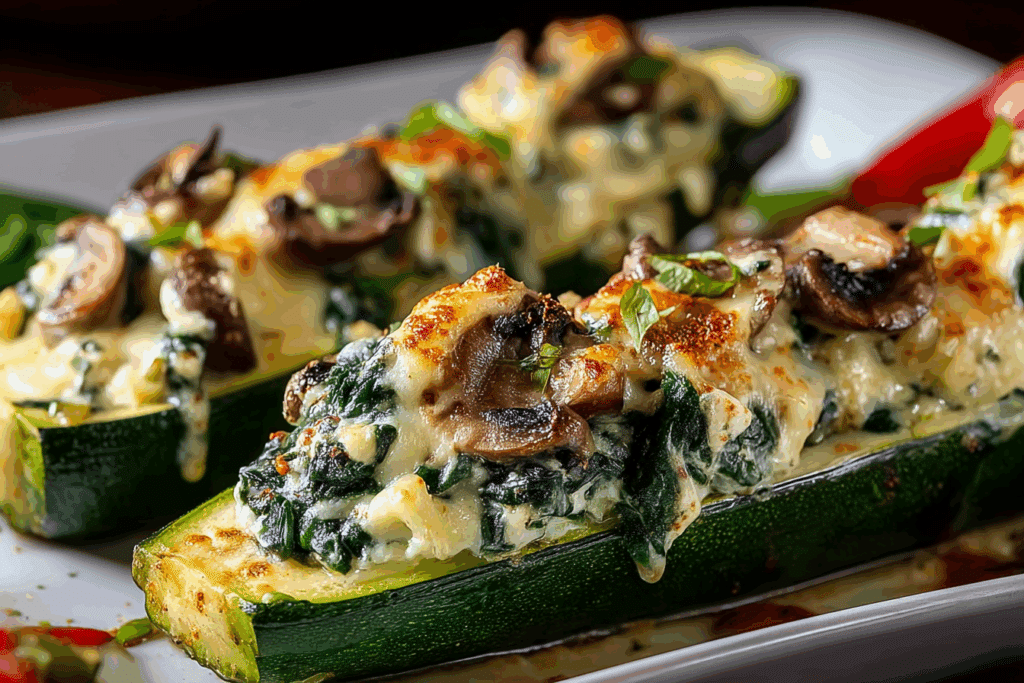Spinach, Mushroom, and Ricotta Stuffed Zucchini Boats