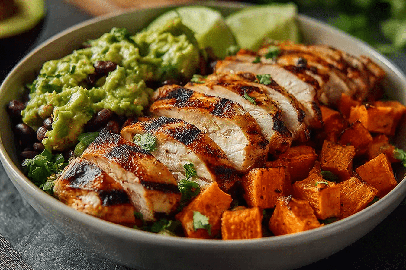 Zesty Grilled Chicken Power Bowl with Guac & Sweet Potato Magic