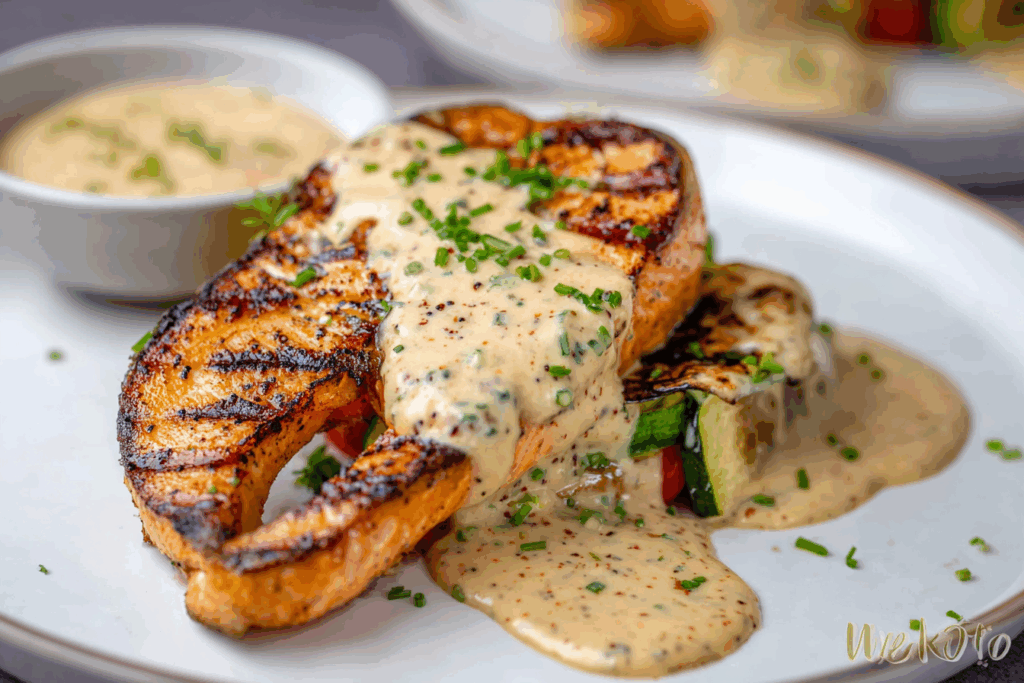 Grilled Salmon Steak with Creamy Mustard Sauce