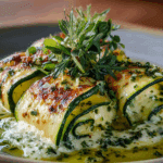 Baked Zucchini Rolls with Ricotta & Lemon Herb Sauce