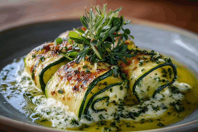 Baked Zucchini Rolls with Ricotta & Lemon Herb Sauce