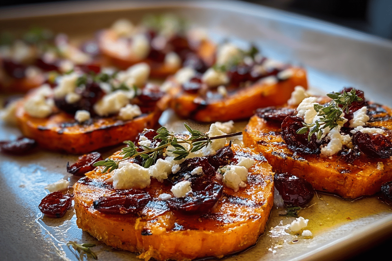 Caramelized Sweet Potato Rounds with Feta and Cranberries