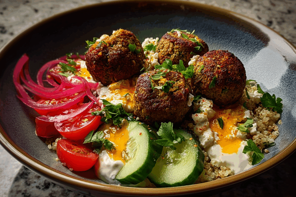Falafel Bowl with Feta, Lemon Tahini & Cucumber