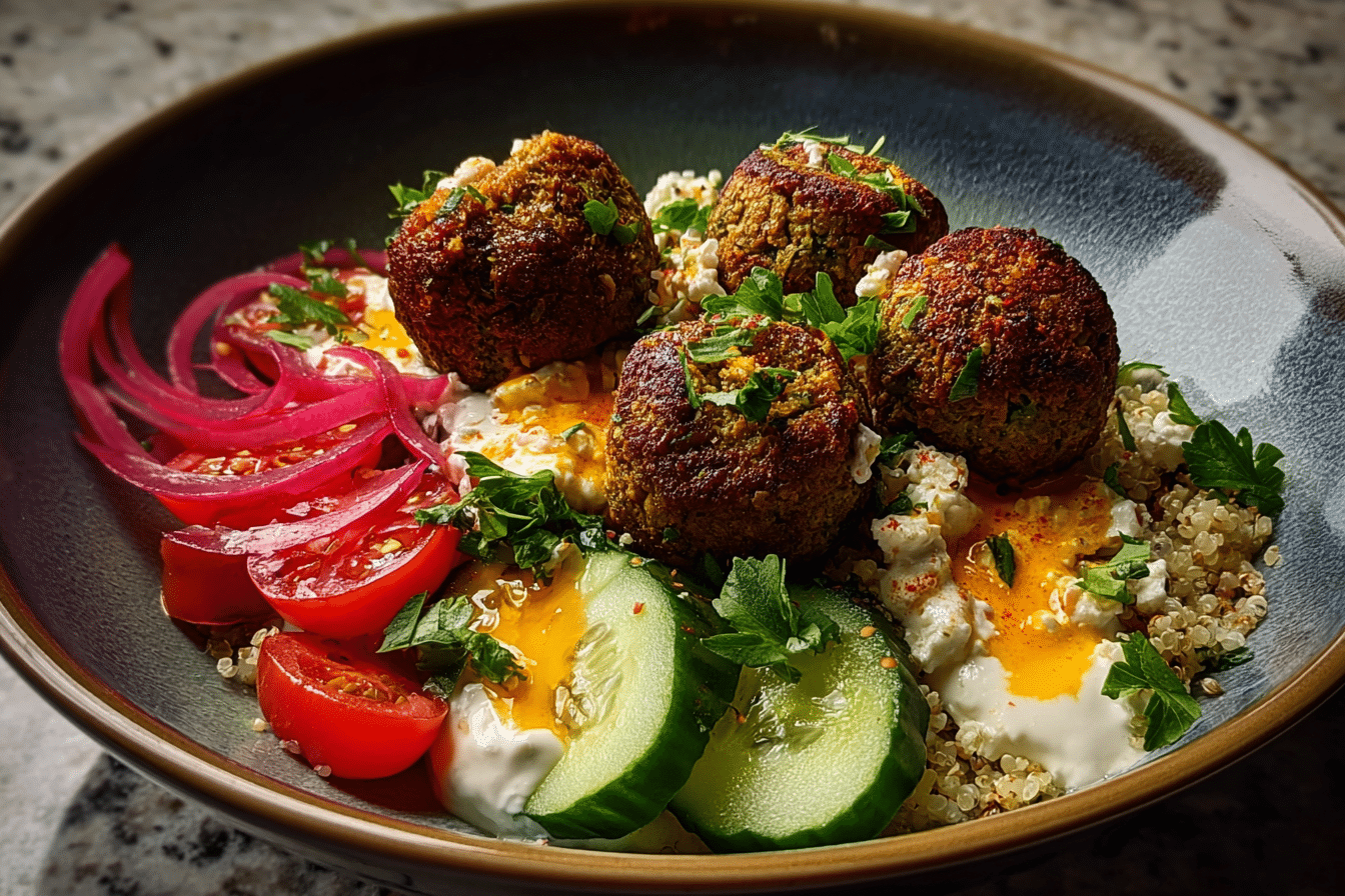 Falafel Bowl with Feta, Lemon Tahini & Cucumber
