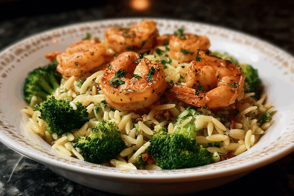 Garlic Shrimp & Broccoli Orzo Skillet