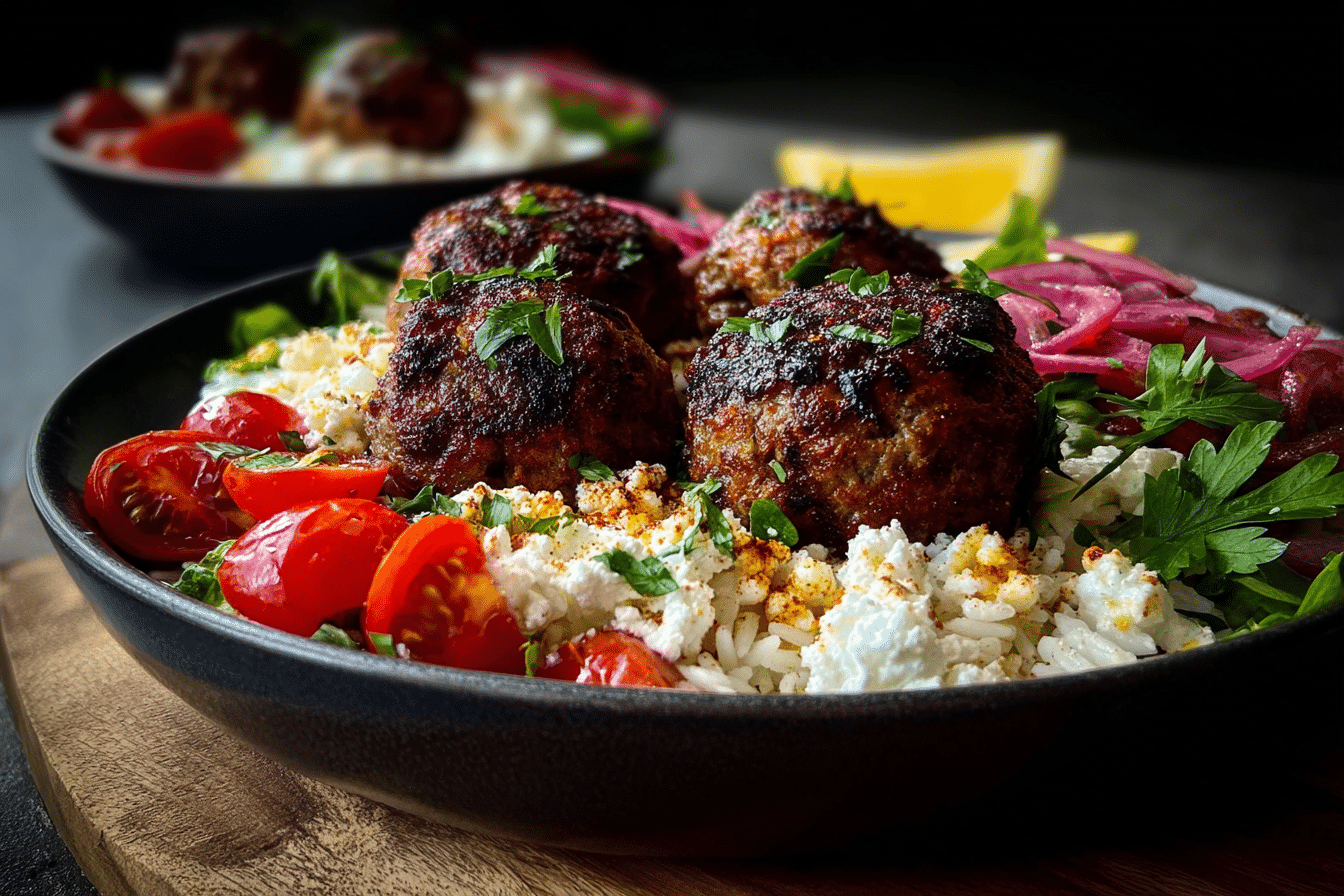 Greek Meatball Bowls with Lemon Rice & Feta Crumble