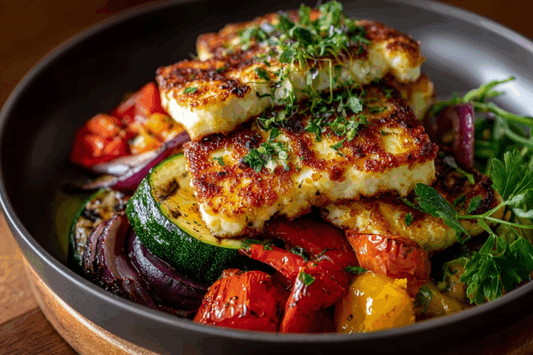 Grilled Halloumi with Roasted Veggies & Lemon Dressing