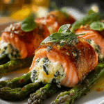 Herbed Cheese-Stuffed Salmon Rolls on Roasted Asparagus