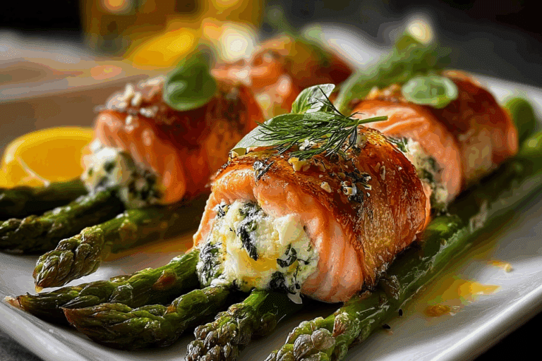 Herbed Cheese-Stuffed Salmon Rolls on Roasted Asparagus