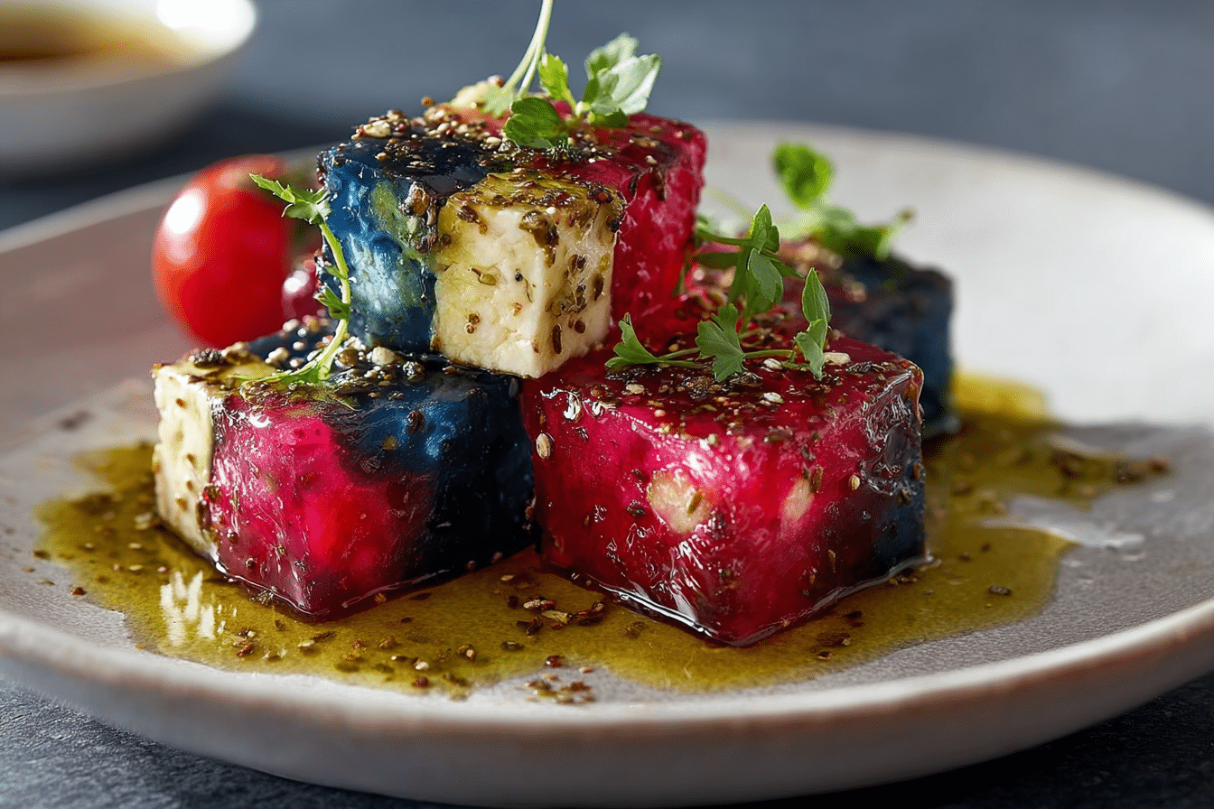 Kool-Aid Marinated Feta Cubes in Electric Olive Oil