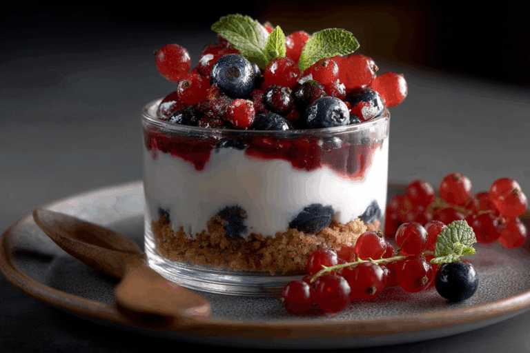 Layered Yogurt and Berry Parfait with Red Currants, Blueberries, and Fresh Mint