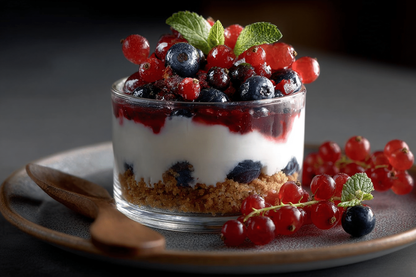 Layered Yogurt and Berry Parfait with Red Currants, Blueberries, and Fresh Mint