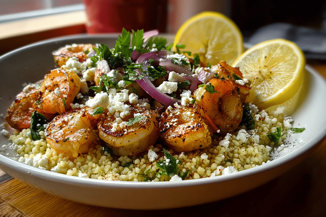 Lemon Garlic Shrimp Bowls with Feta Couscous