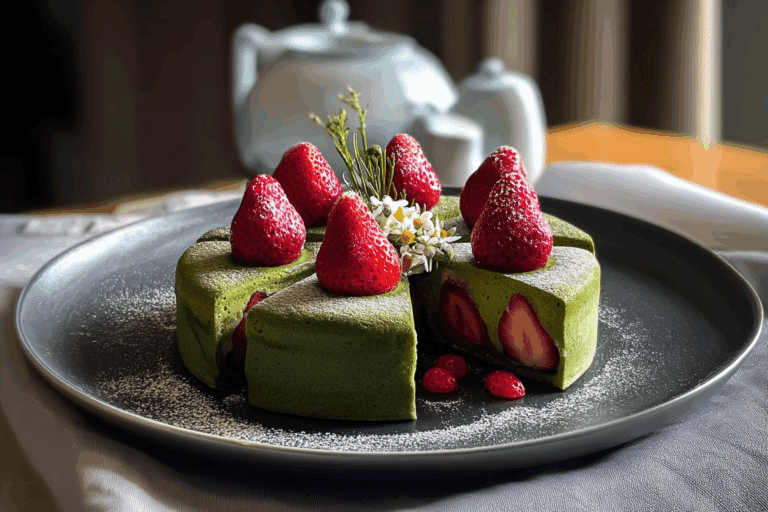 Matcha Mille Creepe Cake with Strawberries