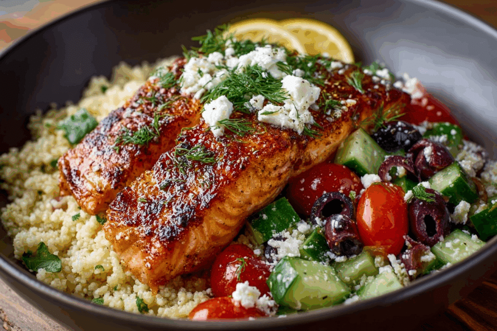 Mediterranean Salmon Bowl with Couscous & Feta