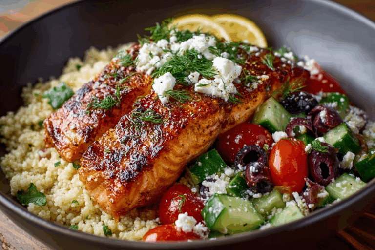 Mediterranean Salmon Bowl with Couscous & Feta
