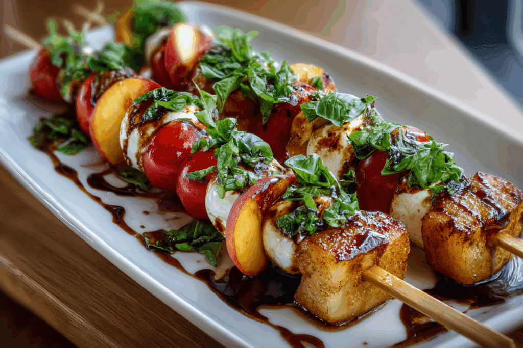 Peach Caprese Skewers with Basil & Balsamic