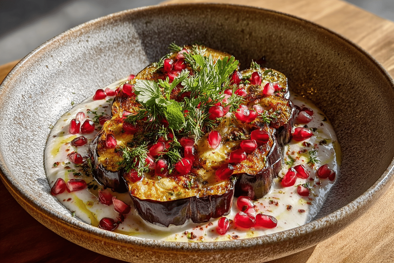 Roasted Eggplant with Lemon Tahini & Pomegranate Seeds