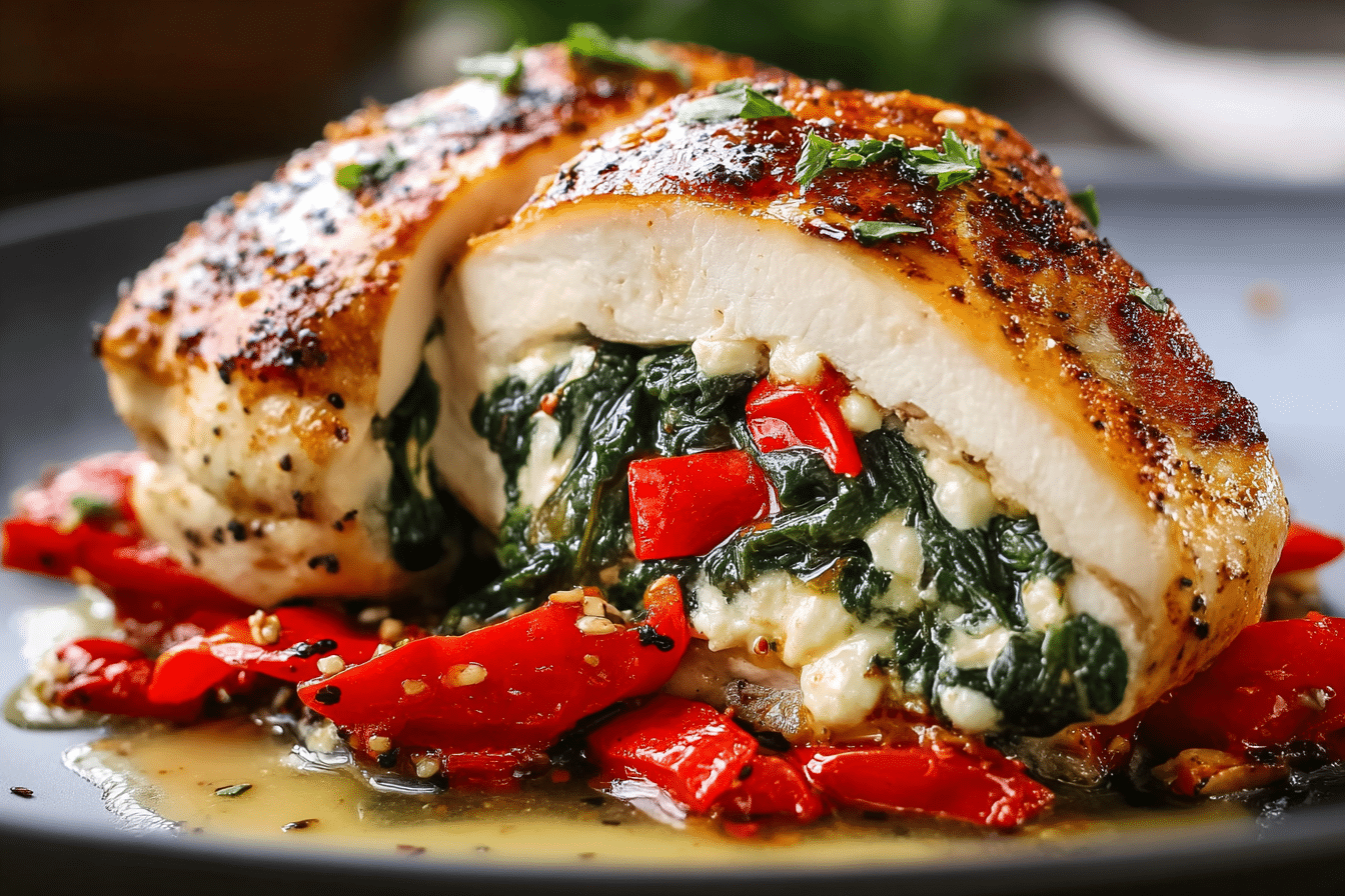 Roasted Red Pepper, Spinach, and Mozzarella Stuffed Chicken