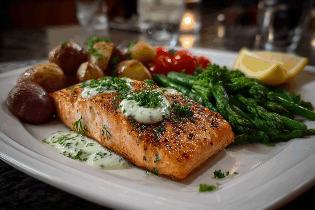 Salmon Sheet Pan Supper with Horseradish Sauce