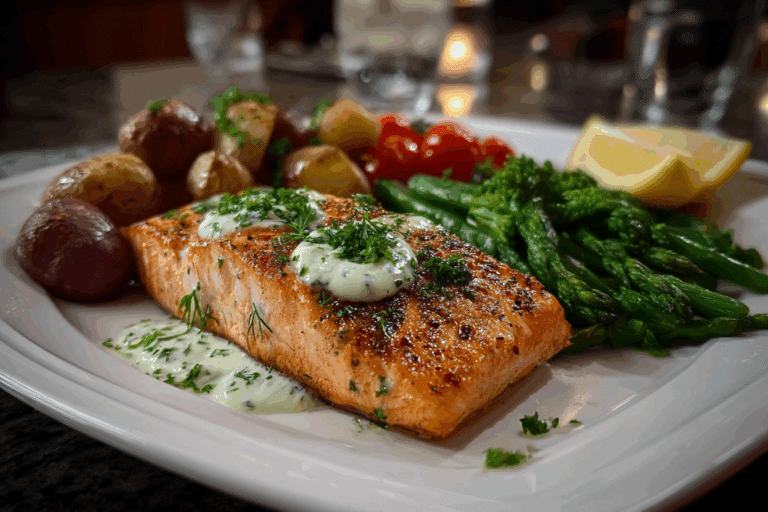 Salmon Sheet Pan Supper with Horseradish Sauce