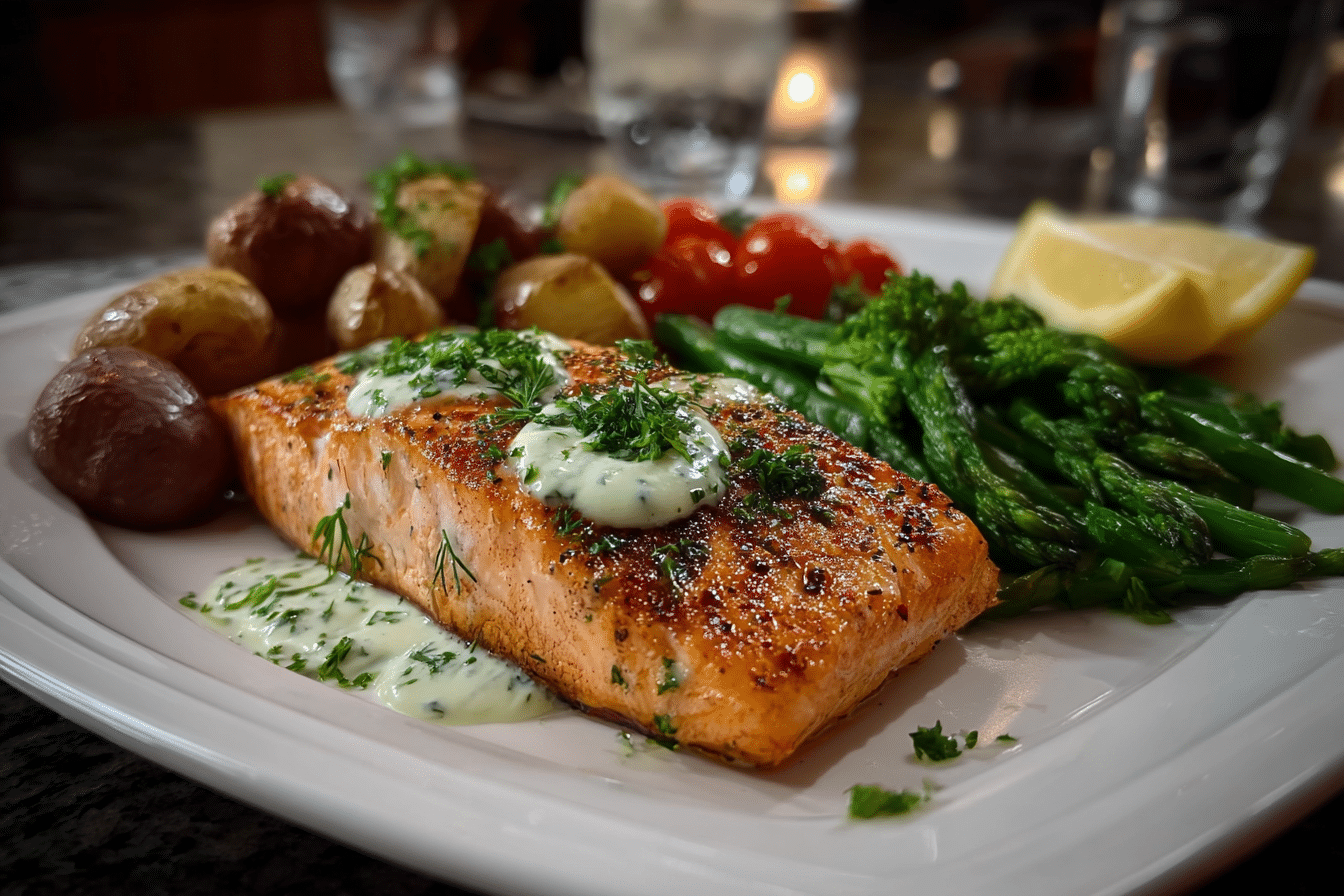 Salmon Sheet Pan Supper with Horseradish Sauce