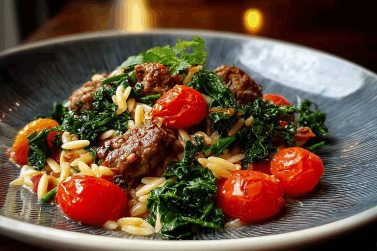 Sausage Beef, Kale & Cherry Tomato Orzo