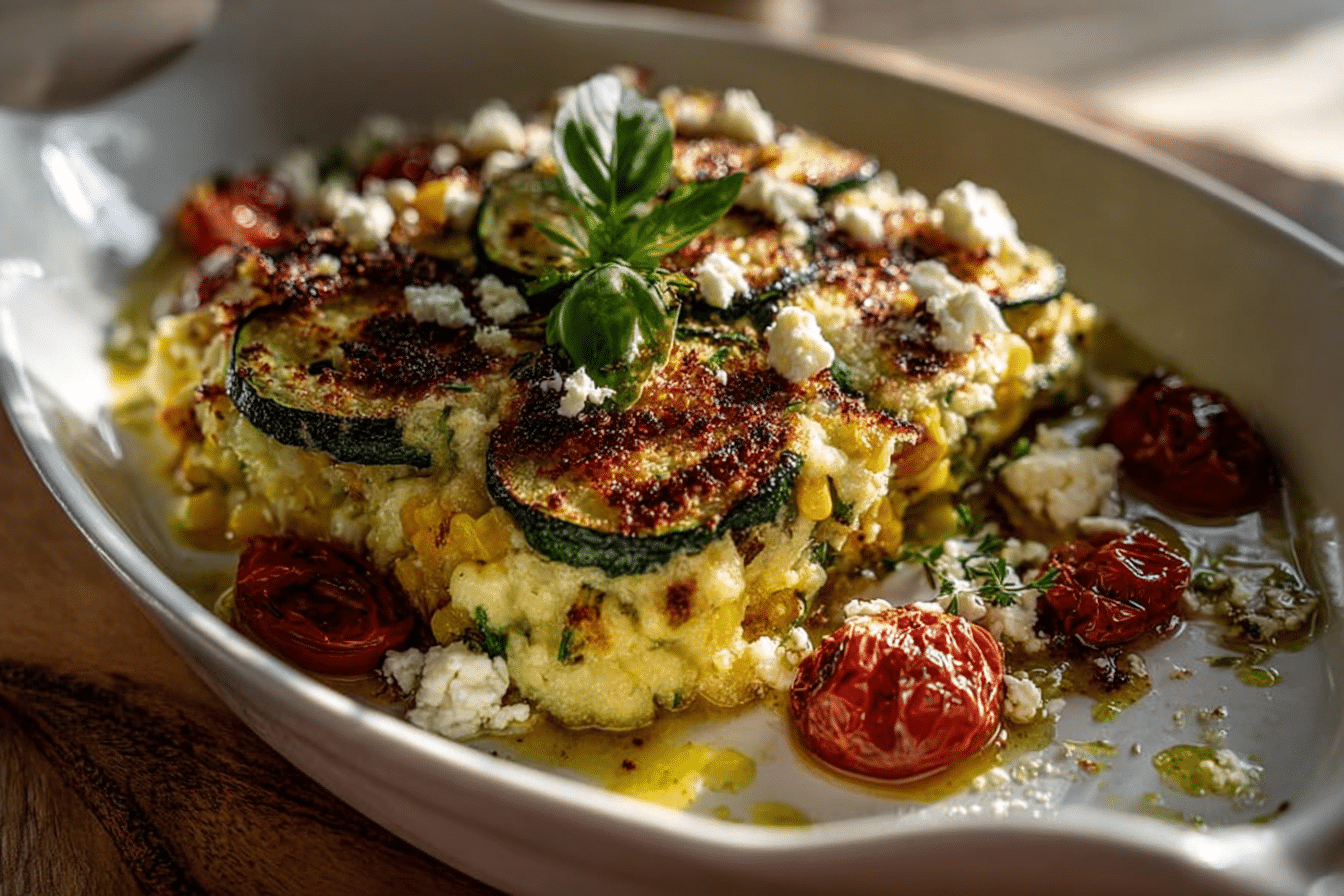Summer Vegetable Gratin with Zucchini, Corn & Feta