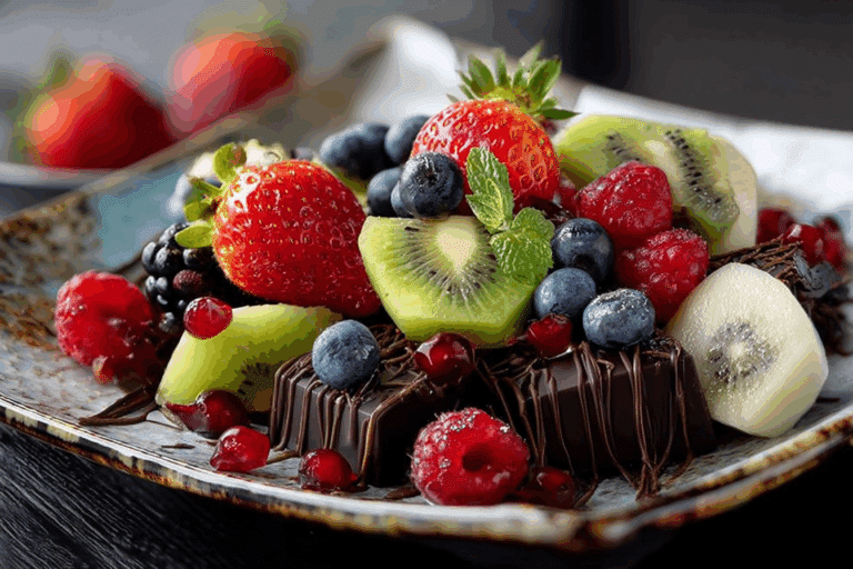 Sweet Treat Platter with Fresh Berries, Kiwi, Melon & Dark Chocolate