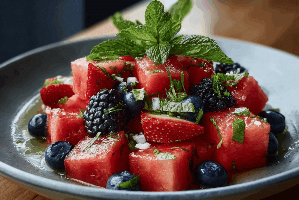 Watermelon & Berry Salad with Lime Mint Syrup