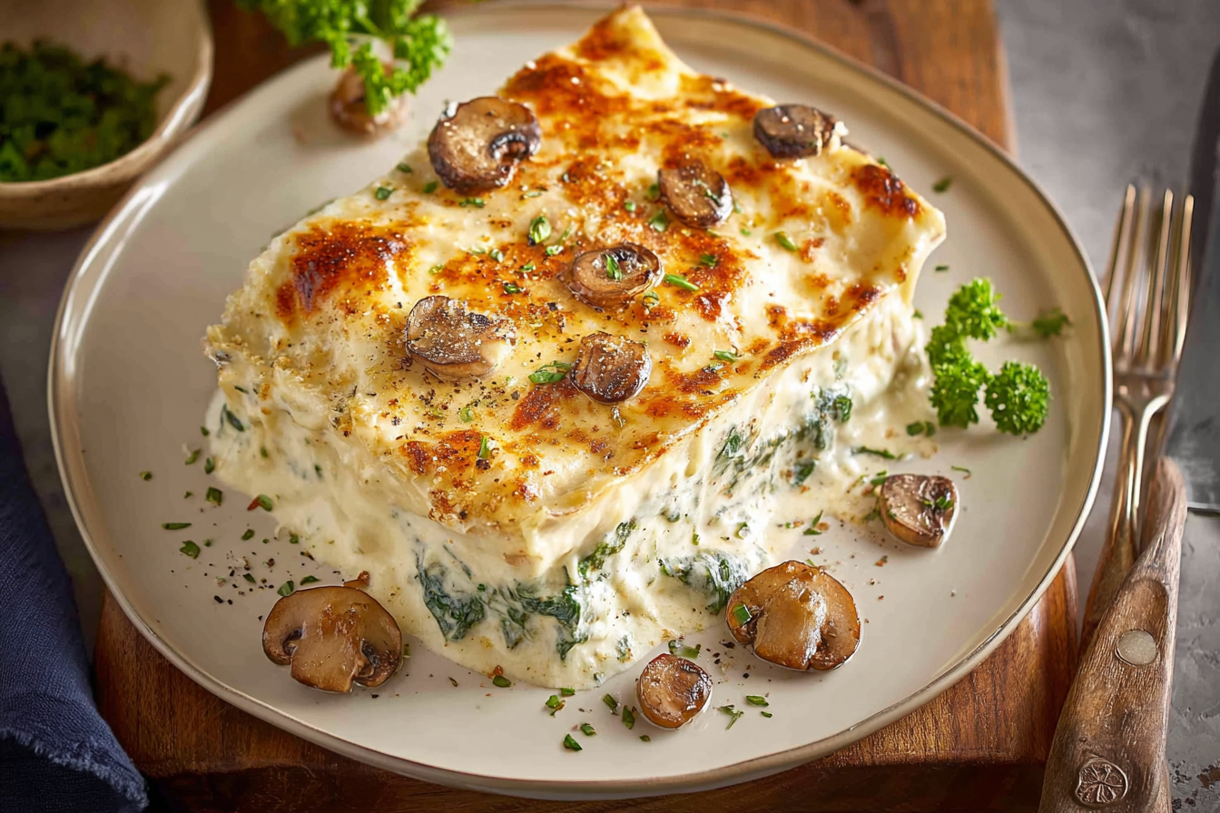 Creamy White Lasagna with Spinach and Mushrooms