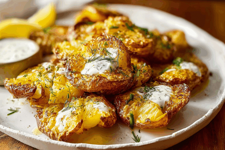 Crispy Smashed Potatoes with Lemon Dill & Chive Dressing
