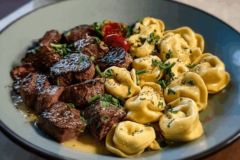 Smothered Steak Bites in Creamy Velveeta Tortellini