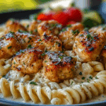 GARLIC PARMESAN CHICKEN BITES WITH CREAMY ROTINI