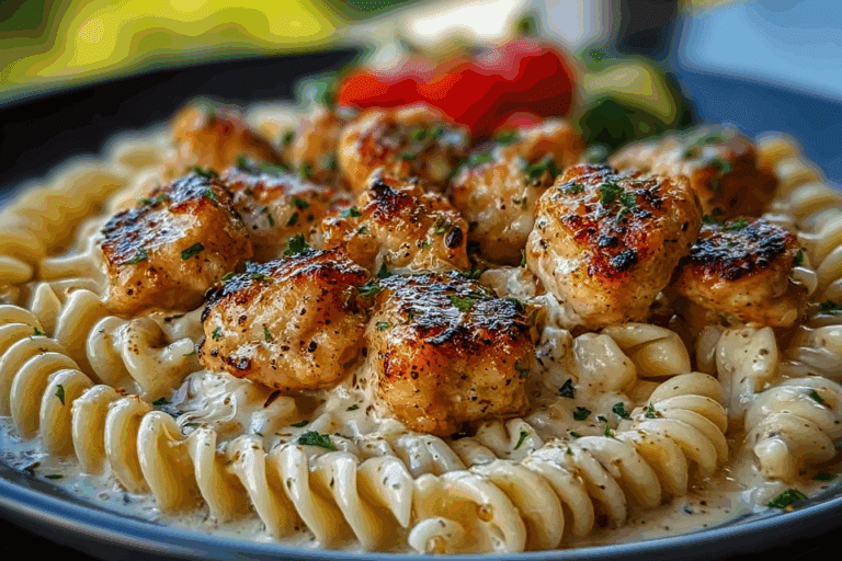 GARLIC PARMESAN CHICKEN BITES WITH CREAMY ROTINI