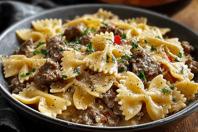Creamy Beef Bowtie Pasta with Garlic Parmesan Sauce