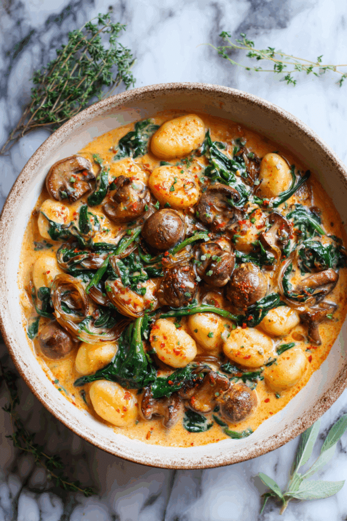 Spinach and Mushroom Gnocchi in a Creamy Garlic and Smoked Paprika Sauce