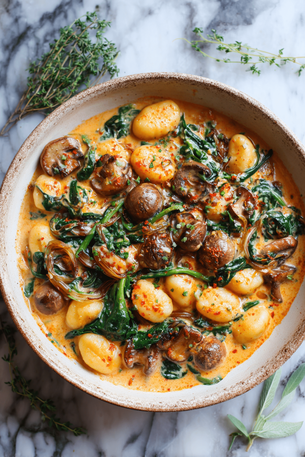 Spinach and Mushroom Gnocchi in a Creamy Garlic and Smoked Paprika Sauce
