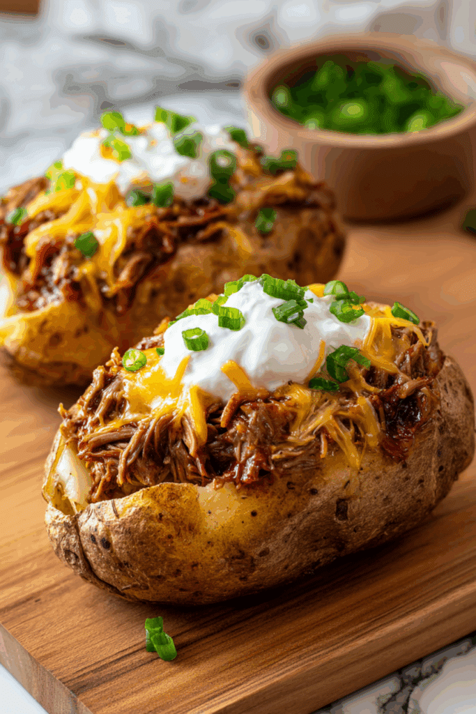 Bang Bang Shredded Beef Loaded Baked Potatoes