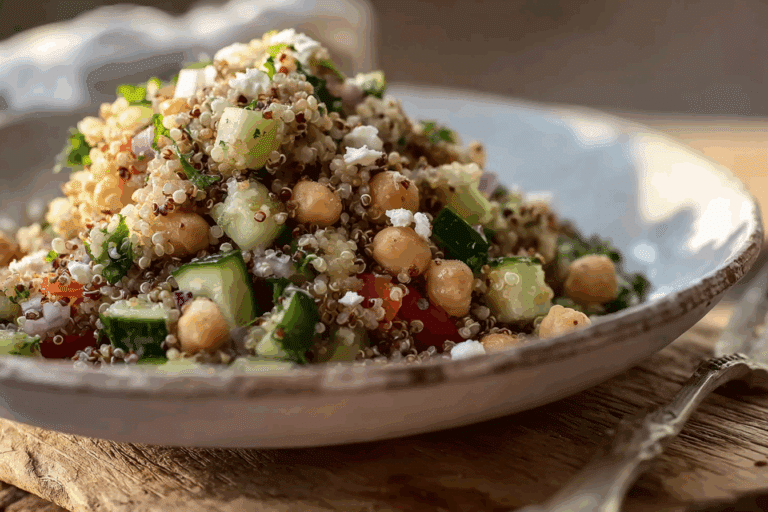 Crispy Quinoa Cucumber Chickpea Salad with Creamy Tahini Balsamic Dressing 