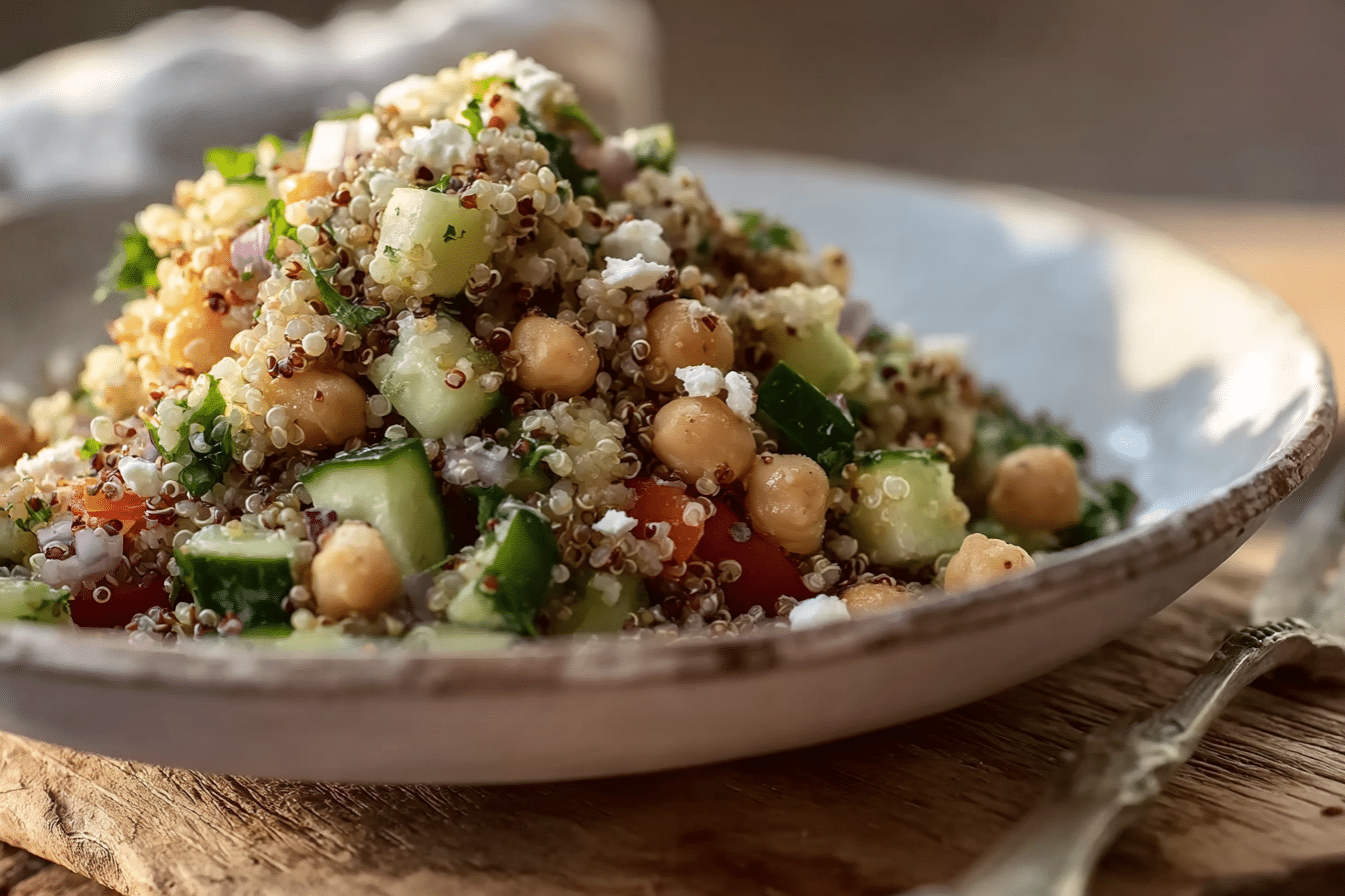 Crispy Quinoa Cucumber Chickpea Salad with Creamy Tahini Balsamic Dressing 
