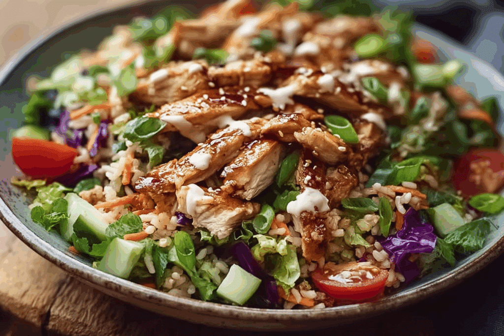 Teriyaki Chicken Crispy Rice Salad with Creamy Sesame Ginger Dressing