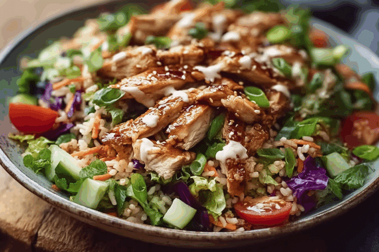Teriyaki Chicken Crispy Rice Salad with Creamy Sesame Ginger Dressing