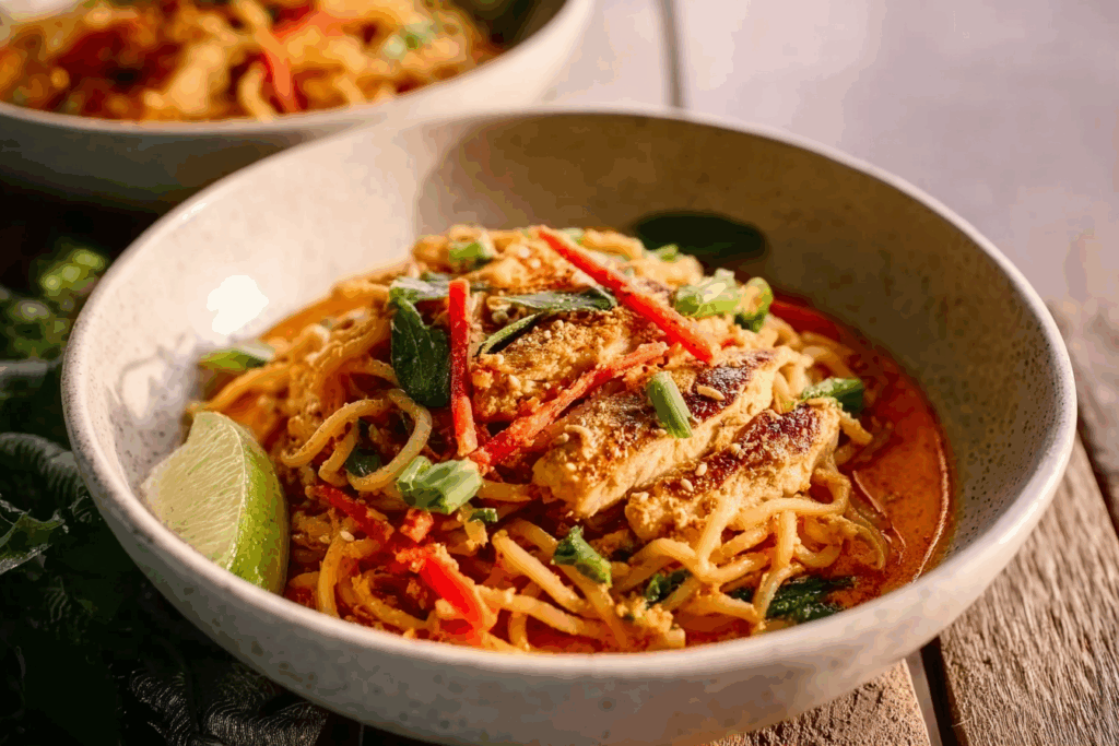 BBQ chicken plate red curry noodles