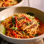 BBQ chicken plate red curry noodles