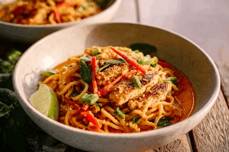 BBQ chicken plate red curry noodles