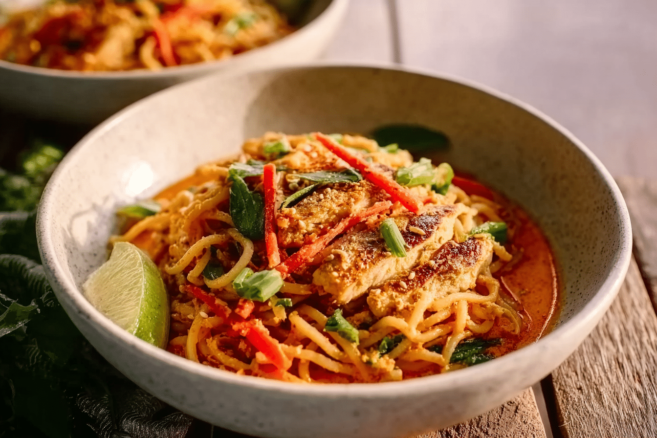 BBQ chicken plate red curry noodles